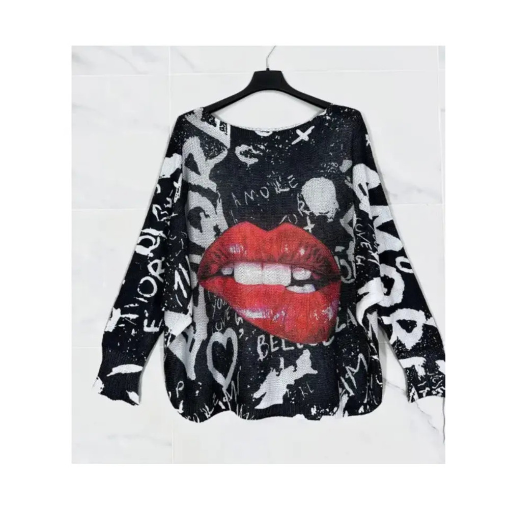 L72 Loowie Red Lips Round Neck Knit Printed Sweater One Size